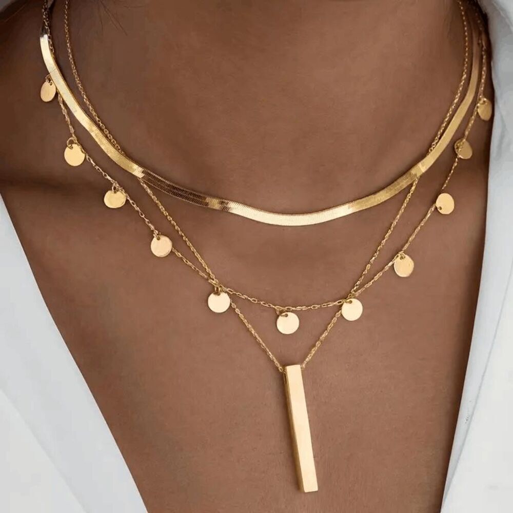 Boho Multi Layered Snake Chain Pendant Necklace (3 Piece)